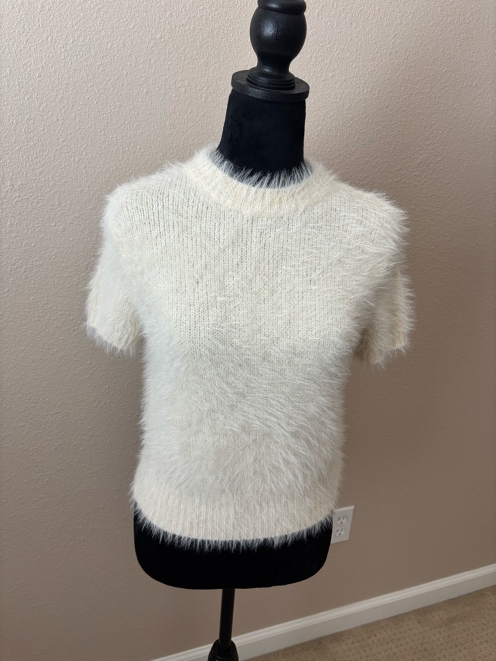 Free People Fuzzy Short Sleeve Sweater in Ivory White